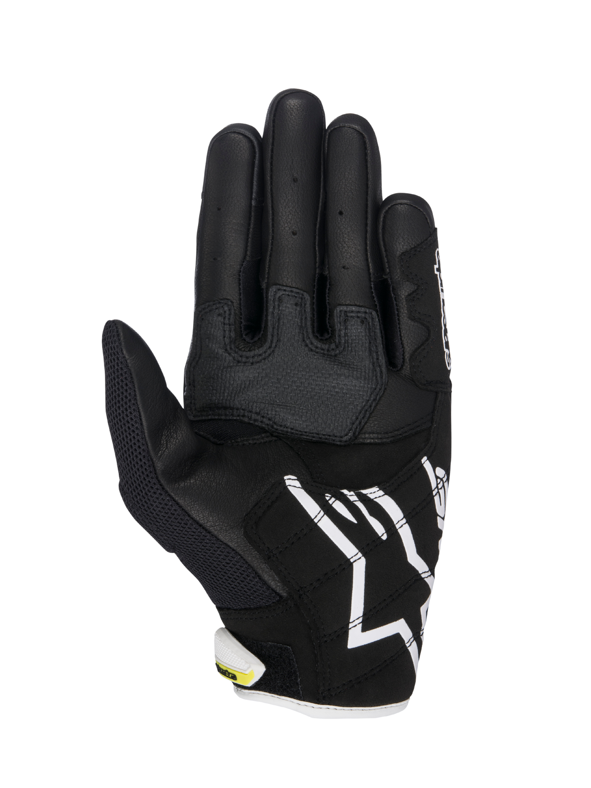 Gants Alpinestars SMX-2 Air Carbon V2, gants de moto, noir et blanc avec des touches jaune fluo, vue de la paume montrant la construction en cuir et maille 3D, panneaux de préhension renforcés, logo Alpinestars blanc sur la manchette