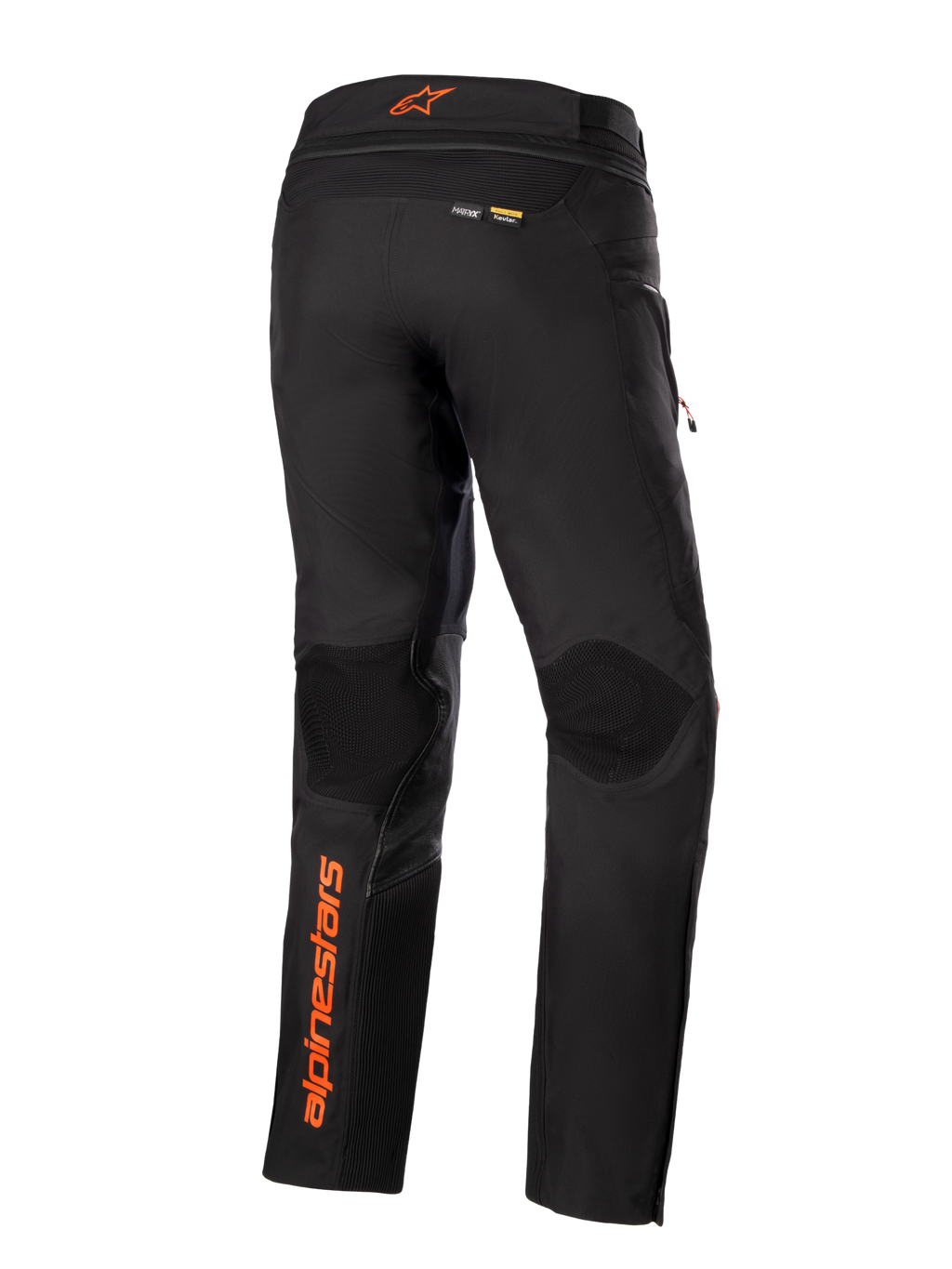 Pantalon Alpinestars AMT-10R Drystar® XF, noir avec accents orange, vue arrière montrant le logo Alpinestars vertical orange sur la jambe gauche, des empiècements texturés aux genoux et les marquages Kevlar et Matryx, pantalon technique de moto pour l'aventure touring.
