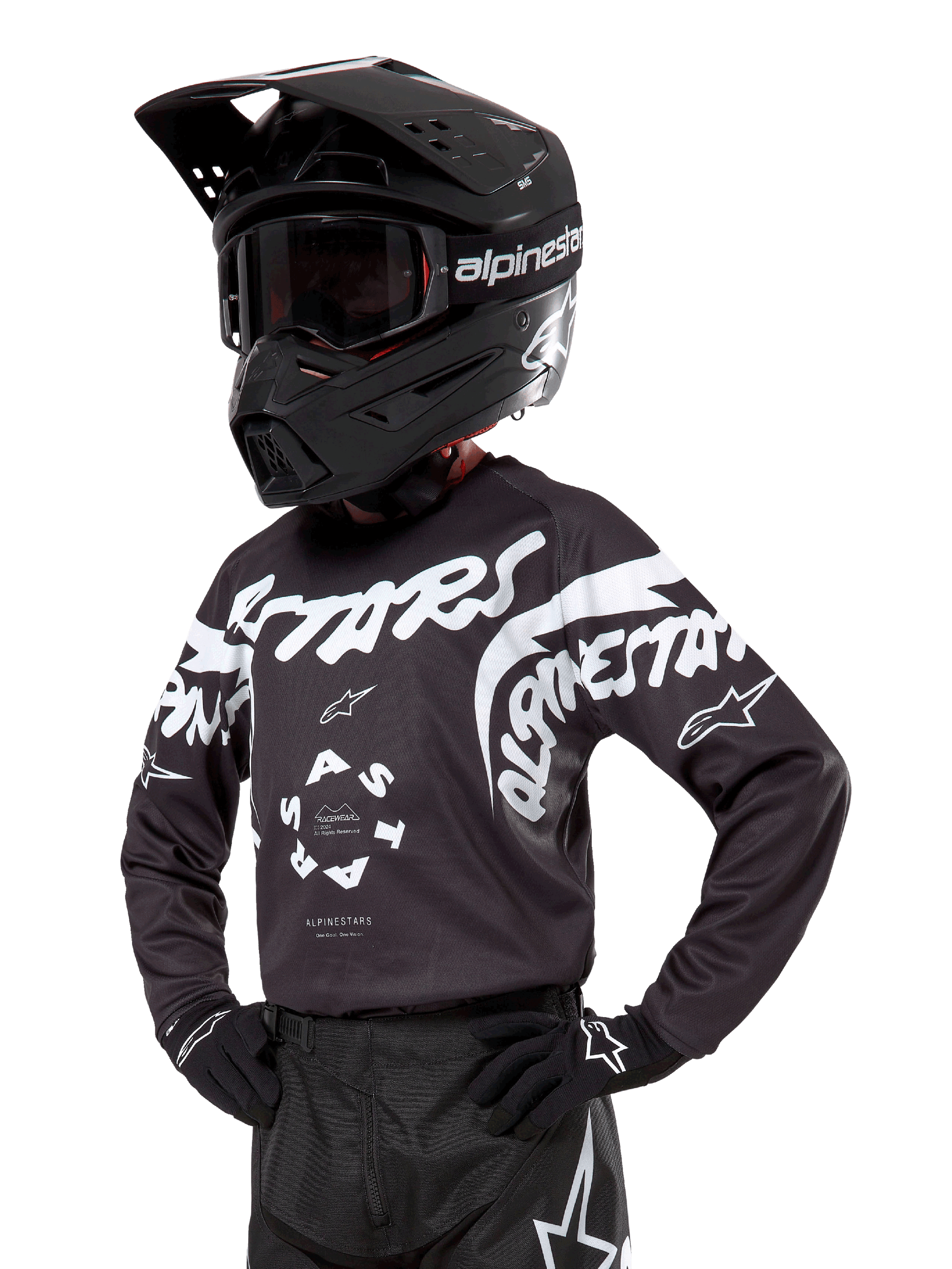 Alpinestars Youth 2024 Racer Hana Jersey, maillot de motocross pour enfant, noir et blanc, avec casque et gants assortis, équipement technique haute performance pour le tout-terrain