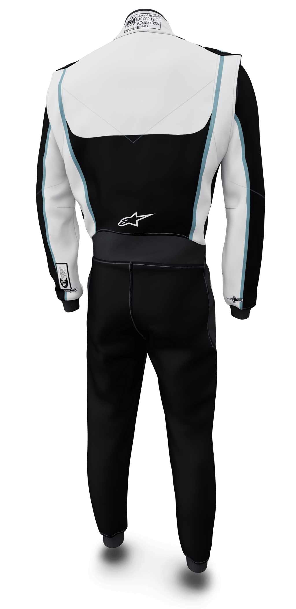 Alpinestars Tech Vision V3, combinaison sur mesure à longueur ajustée, vue arrière, noire, blanche et bleue, certifiée FIA/SFI.