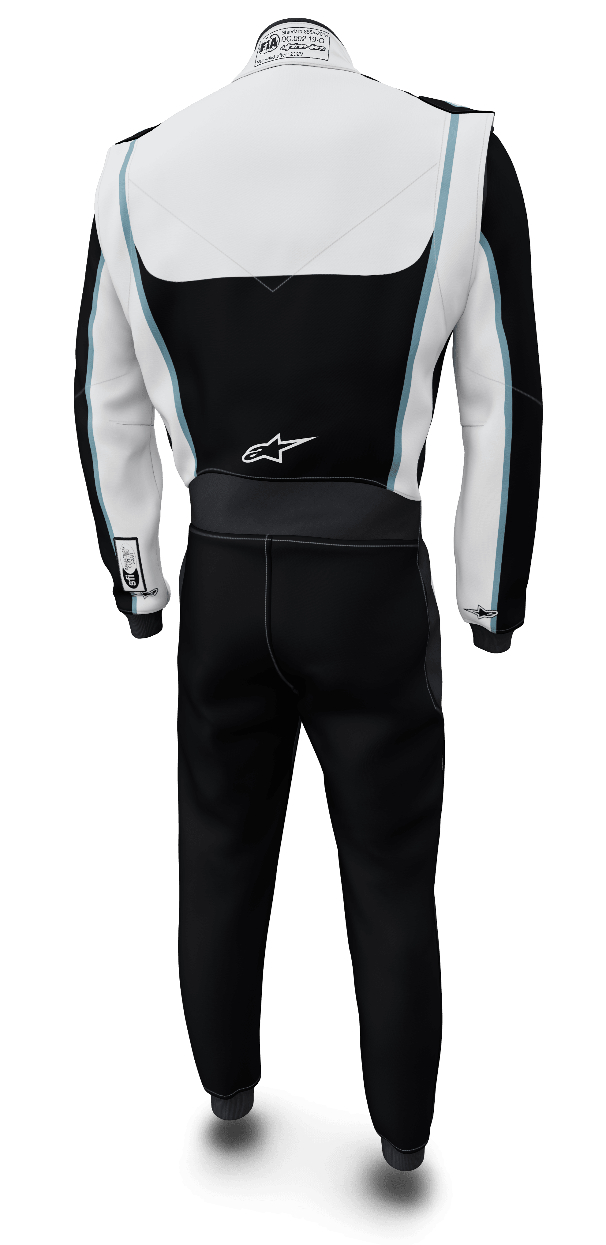Alpinestars Tech Vision V3, combinaison sur mesure à longueur ajustée, vue arrière, noire, blanche et bleue, certifiée FIA/SFI.