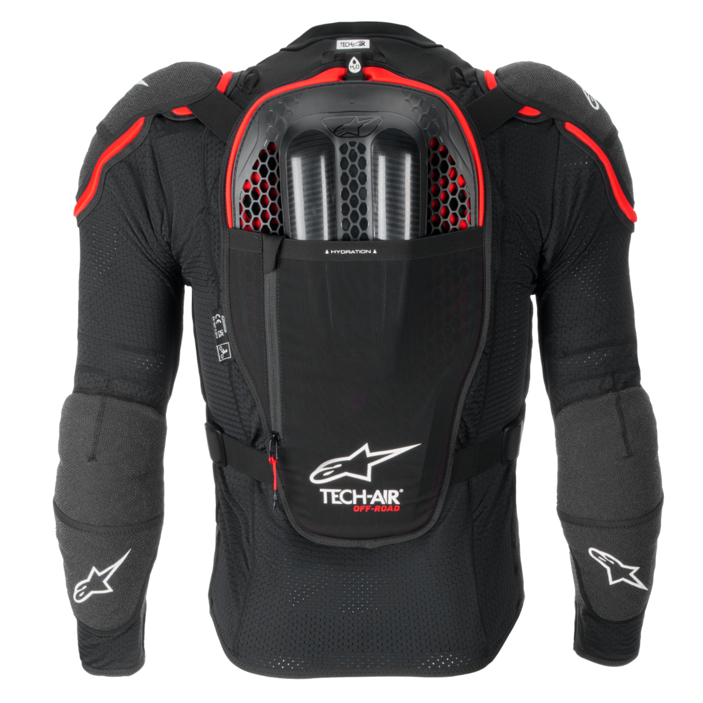 Tech-Air® Off-Road motorcycle airbag back view in black and red, featuring Nucleon CELL armor and hydration pocket.