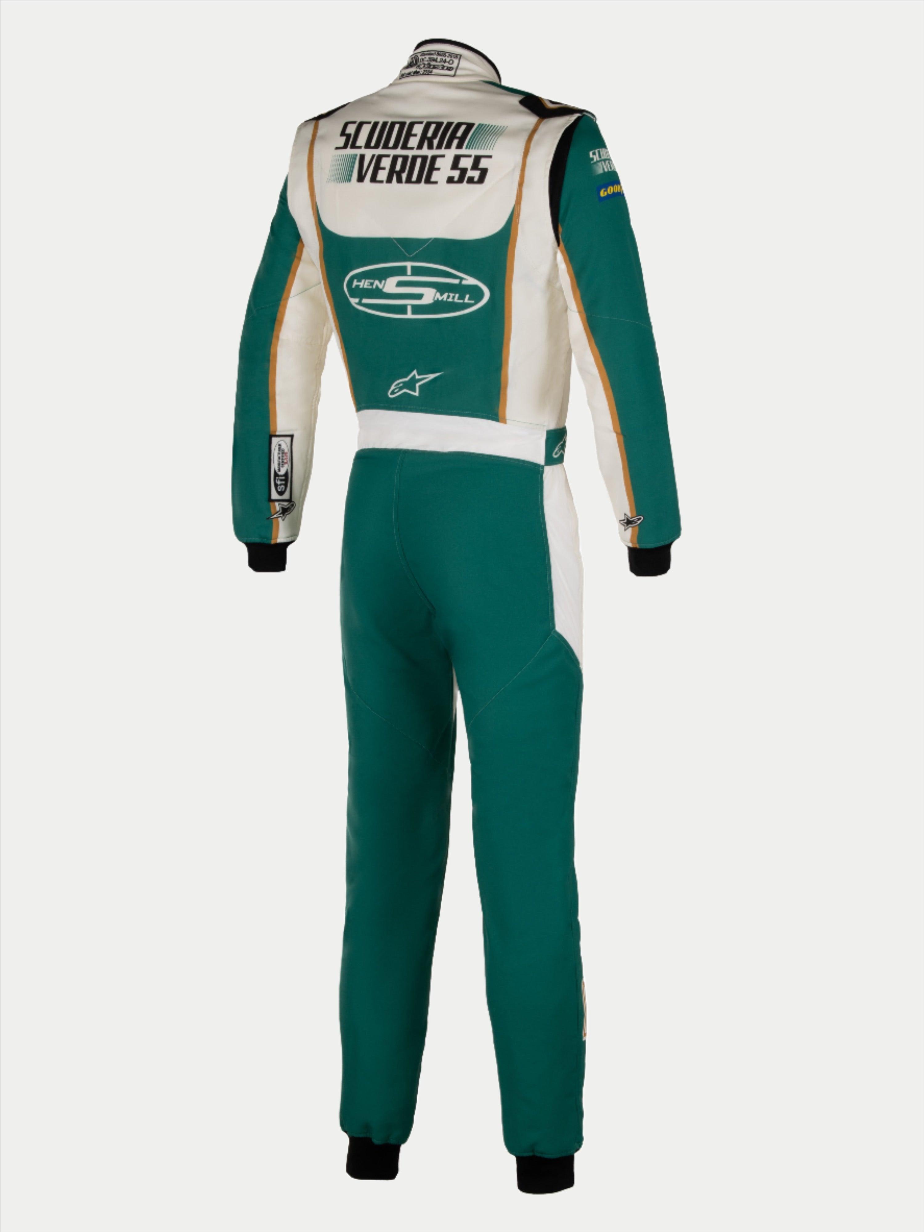 Alpinestars Tech Vision V3 Custom Suit, vue arrière, vert sarcelle et blanc avec accents dorés, logos personnalisés « Scuderia Verde 55 » et « Hens Mill », combinaison de course professionnelle homologuée FIA/SFI