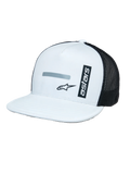 Alpinestars Alter Trucker Hat, White and Black, structured white crown and flat bill, black mesh back panels, vertical 'astars' branding and reflective logo print, casual motorsport-inspired headwear