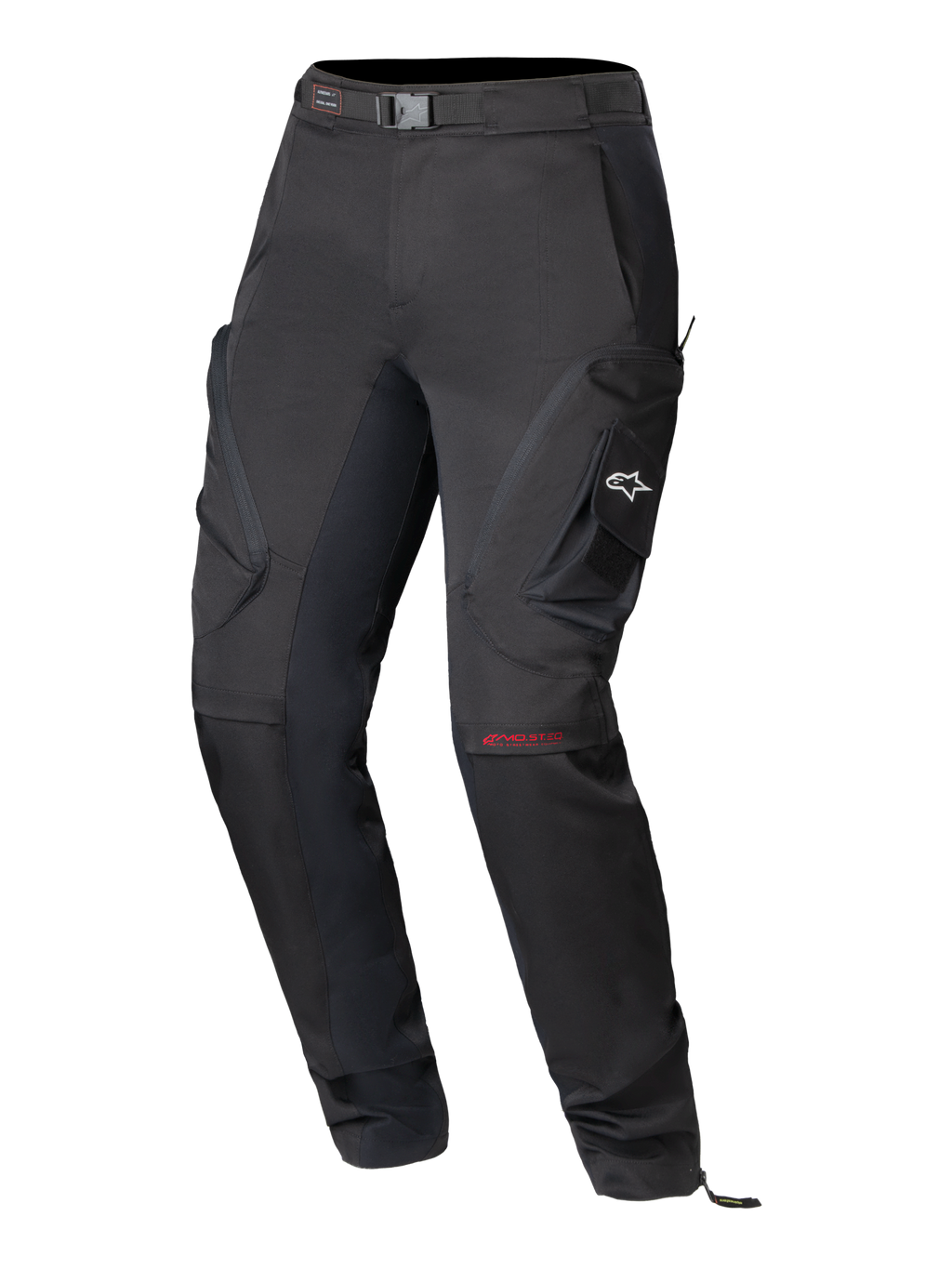 Pantalon Alpinestars Actea pour femme, pantalon de moto noir, design technique pour la route doté de poches cargo latérales avec un logo A-star blanc, marquage MO.ST.EQ rouge sur le genou, ceinture intégrée et coupe fuselée moderne.