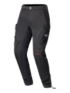 Pantalon Alpinestars Actea pour femme, pantalon de moto noir, design technique pour la route doté de poches cargo latérales avec un logo A-star blanc, marquage MO.ST.EQ rouge sur le genou, ceinture intégrée et coupe fuselée moderne.