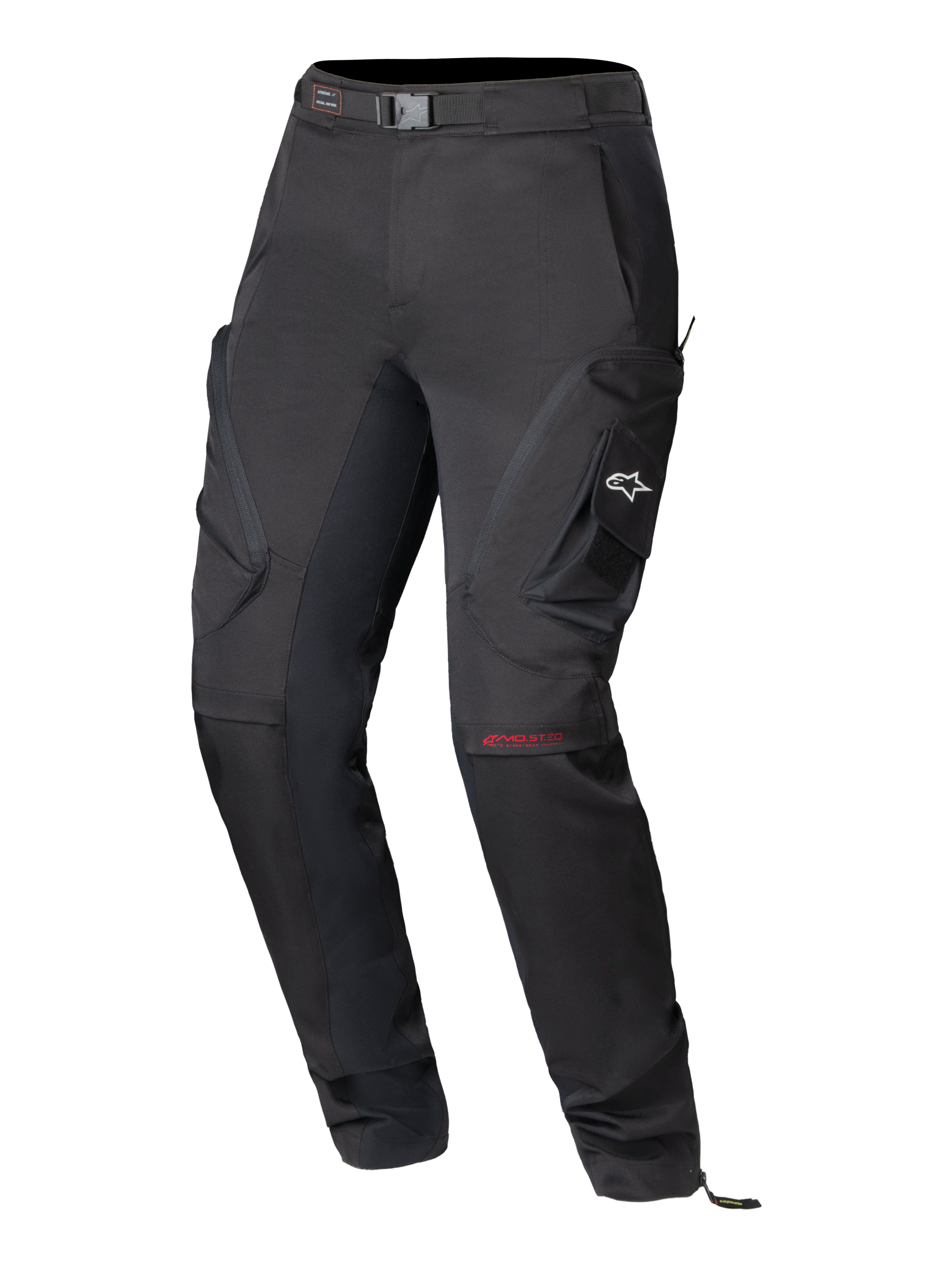 Pantalon Alpinestars Actea pour femme, pantalon de moto noir, design technique pour la route doté de poches cargo latérales avec un logo A-star blanc, marquage MO.ST.EQ rouge sur le genou, ceinture intégrée et coupe fuselée moderne.