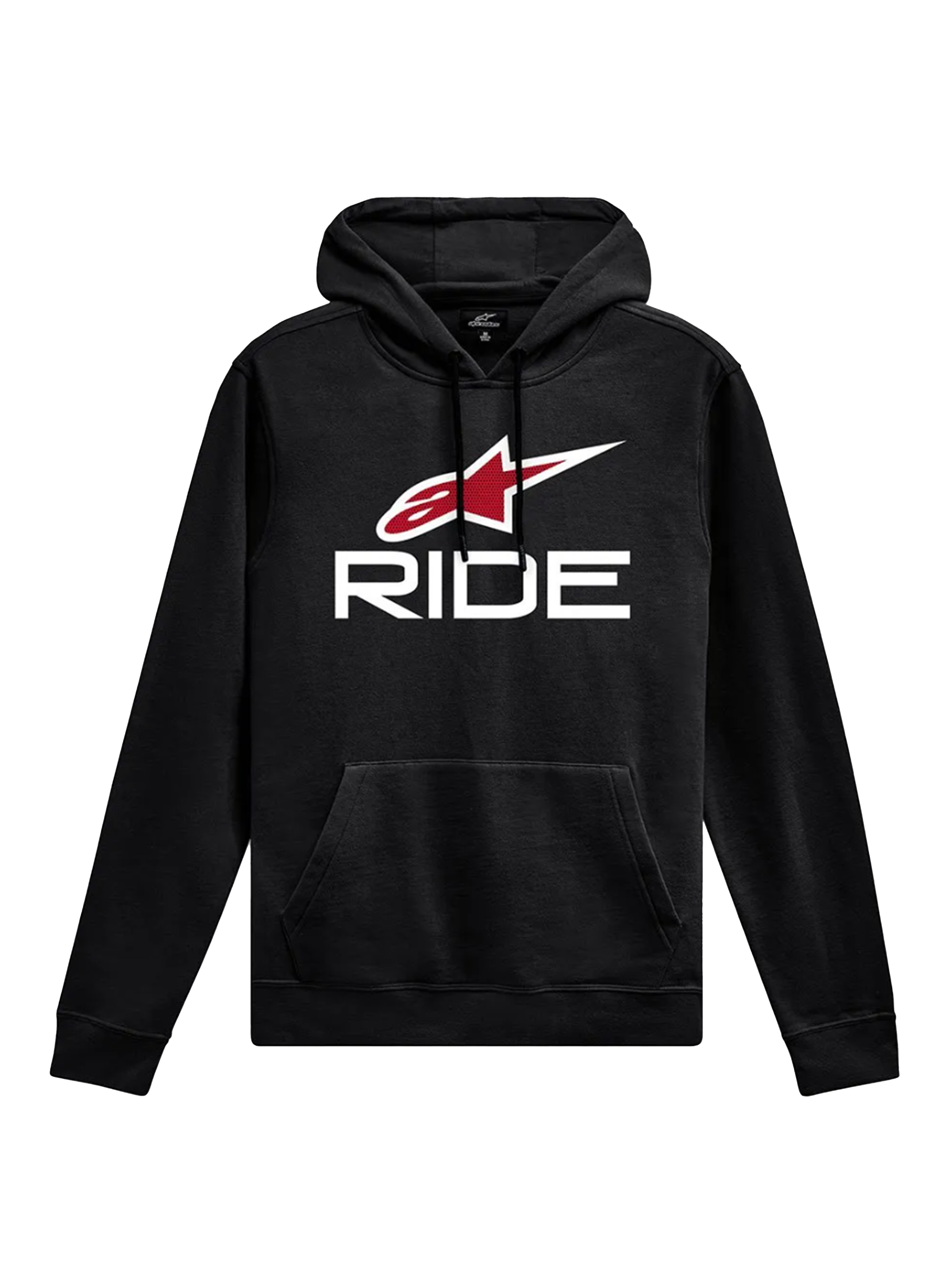 Alpinestars Ride Hoodie V 3, sportswear décontracté, noir avec texte RIDE blanc et logo étoile rouge, poche kangourou à l'avant, capuche à cordon de serrage, poignets et ourlet côtelés, design inspiré des sports mécaniques
