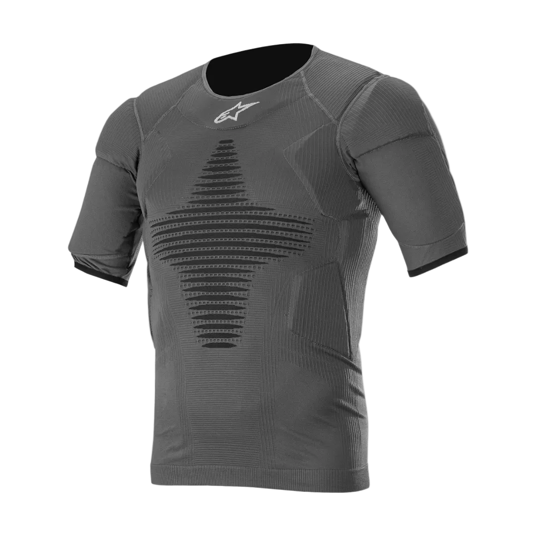 Alpinestars Haut de couche de base Roost, haut de sous-couche technique pour motocross et tout-terrain, anthracite noir, manches courtes, tricot respirant avec zones rembourrées stratégiques pour une protection contre les projections.
