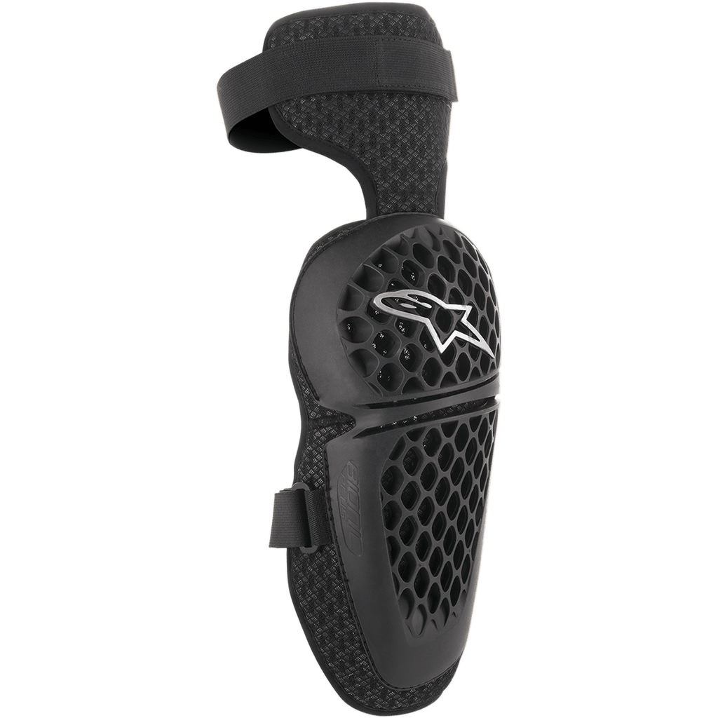 Genouillères Alpinestars Youth Bionic Plus, noires, protection pour motocross et tout-terrain, coque à motif alvéolé avec logo étoile blanc, fermeture à double sangle ajustable, doublure en mesh 3D pour la ventilation