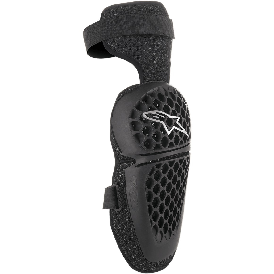 Genouillères Alpinestars Youth Bionic Plus, noires, protection pour motocross et tout-terrain, coque à motif alvéolé avec logo étoile blanc, fermeture à double sangle ajustable, doublure en mesh 3D pour la ventilation