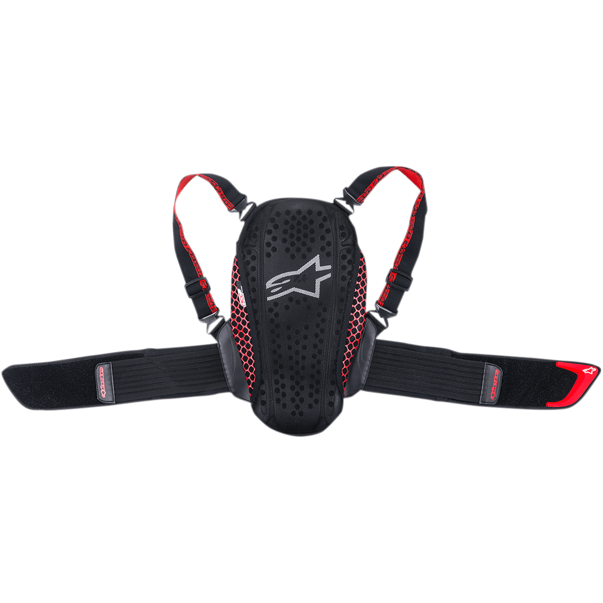 Alpinestars Youth Nucleon Kr-Y, protection dorsale pour enfant, noir et rouge, plaque perforée ergonomique avec logo blanc, accents latéraux en maille rouge, bretelles réglables et large ceinture rénale élastique, équipement de protection moto pour jeunes pilotes