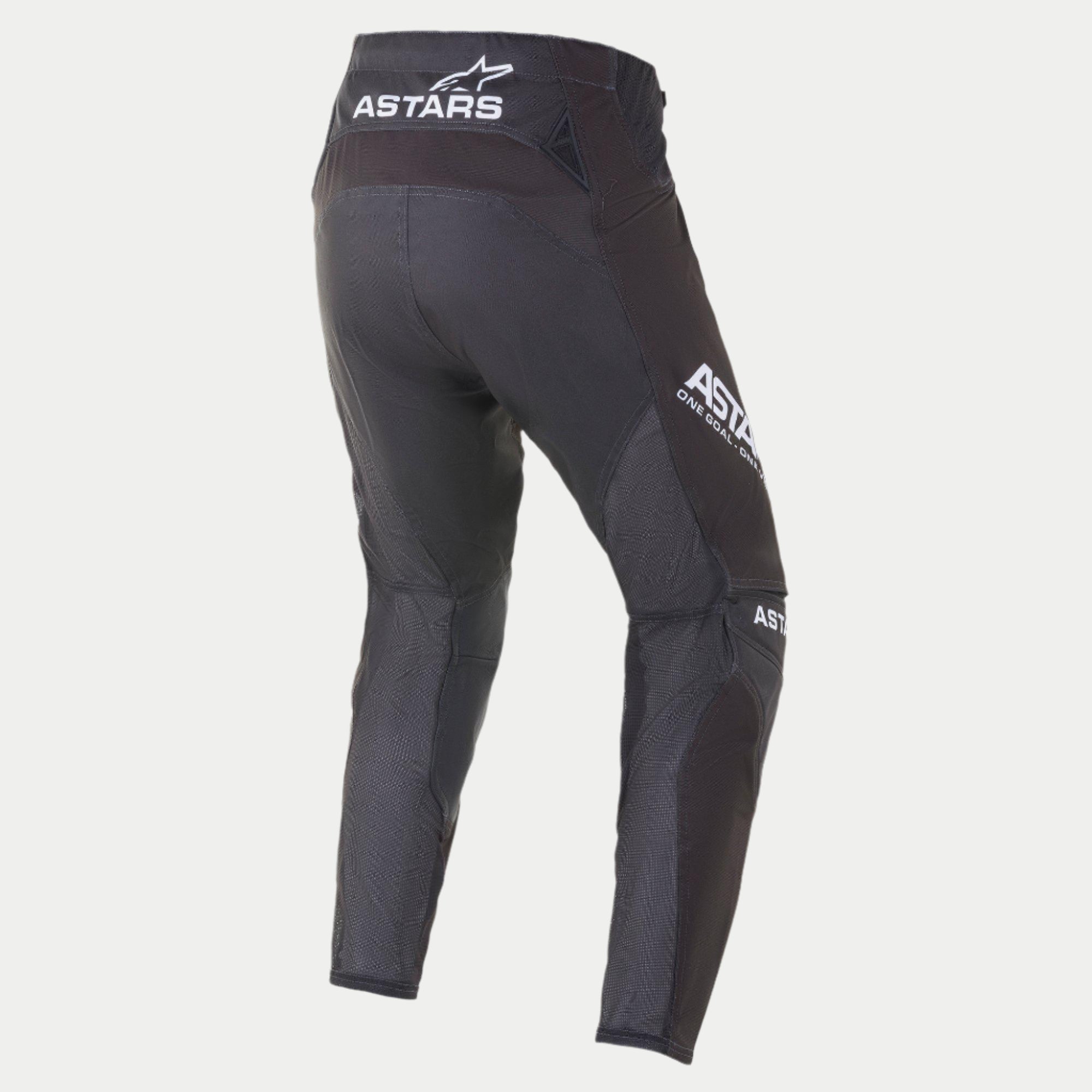Pantalon Alpinestars Techstar Phantom 2021, pantalon de motocross, noir et blanc, vue arrière présentant le logo ASTARS blanc sur la taille et la cuisse, panneaux en mesh texturé anthracite sur les jambes, design de coupe performance pour la course.