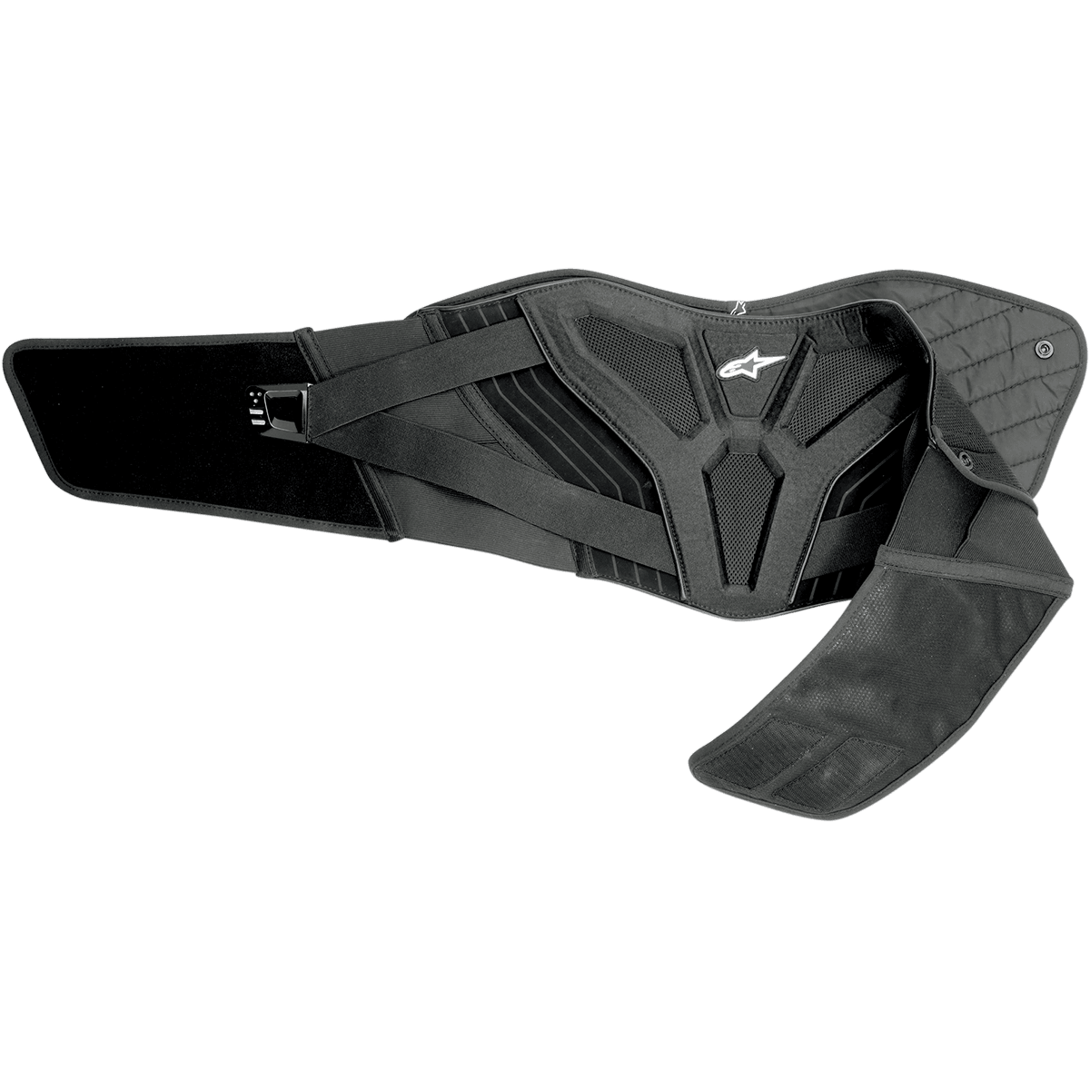 Alpinestars Touring Belt, Black Motorcycle Kidney Belt, featuring ergonomic lower back support, quilted thermal liner, mesh panels for ventilation, dual elastic waistband with white Astars logo, protective gear for road and adventure riding