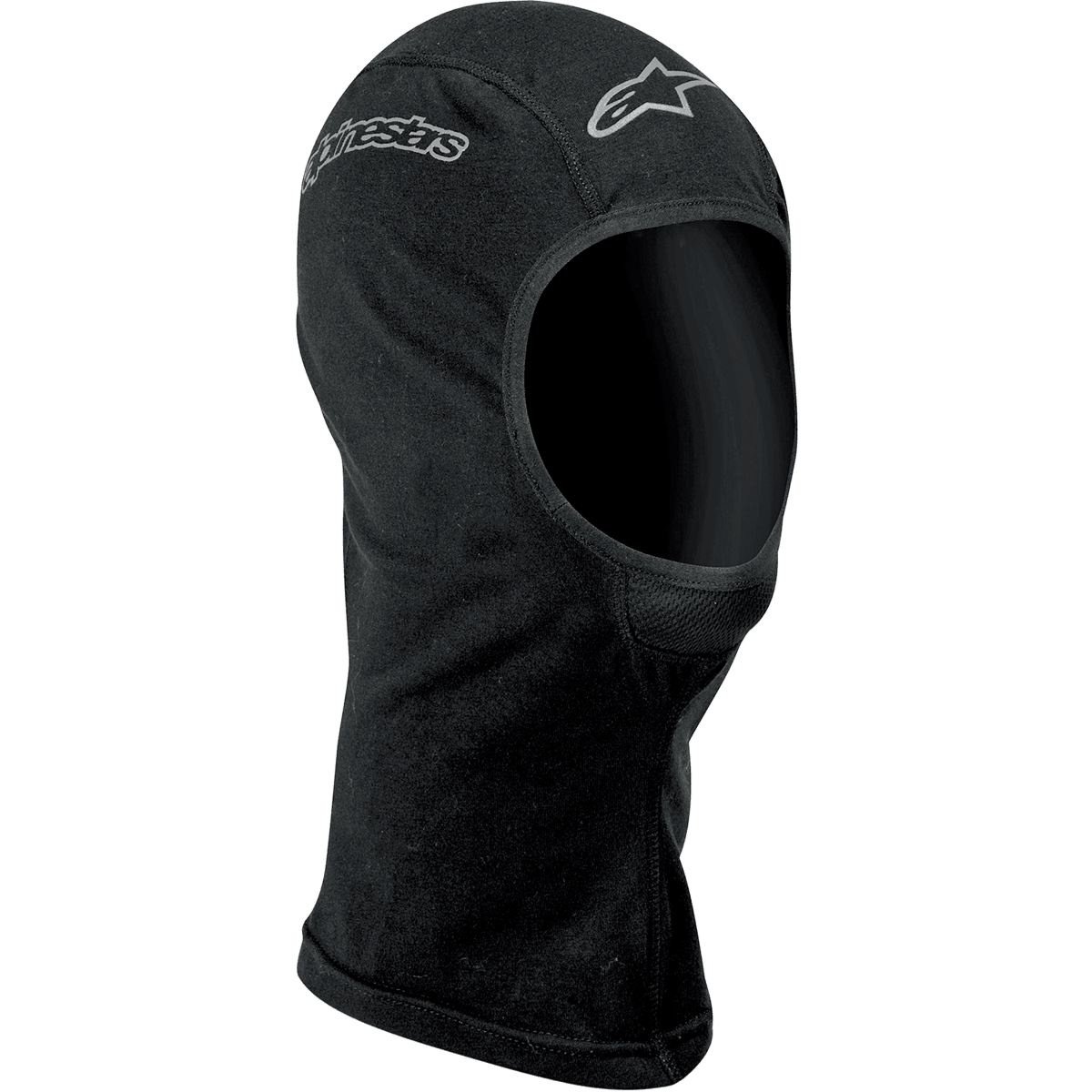 Cagoule Alpinestars Open-Face, sous-couche de moto, noire, avec logos Alpinestars argentés sur le front et le côté, tissu doux évacuant l'humidité, coutures plates et col allongé pour une protection optimale.