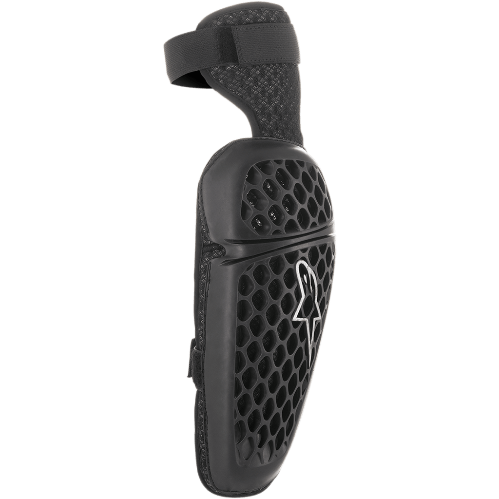 Alpinestars Youth Bionic Plus Elbow Protector, Black, honeycomb pattern outer shell with white Astar logo, dual strap closure system, ergonomic youth motocross and off-road protection