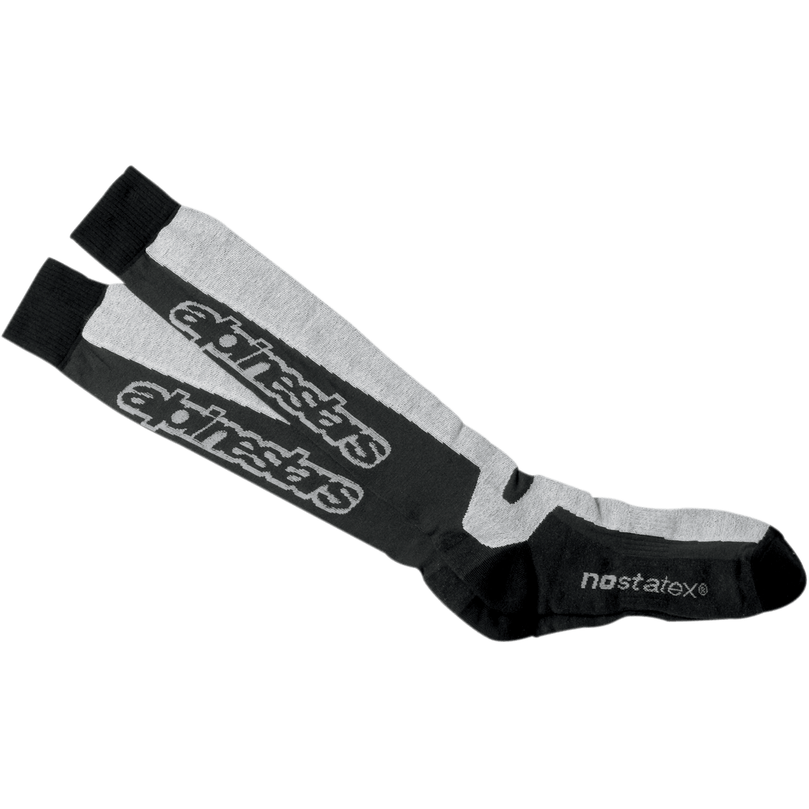 Alpinestars Thermal Tech Socks, Knee-High Motorcycle Performance Socks, Black and Gray, technical moisture-wicking knit with Nostatex technology and Alpinestars logo branding