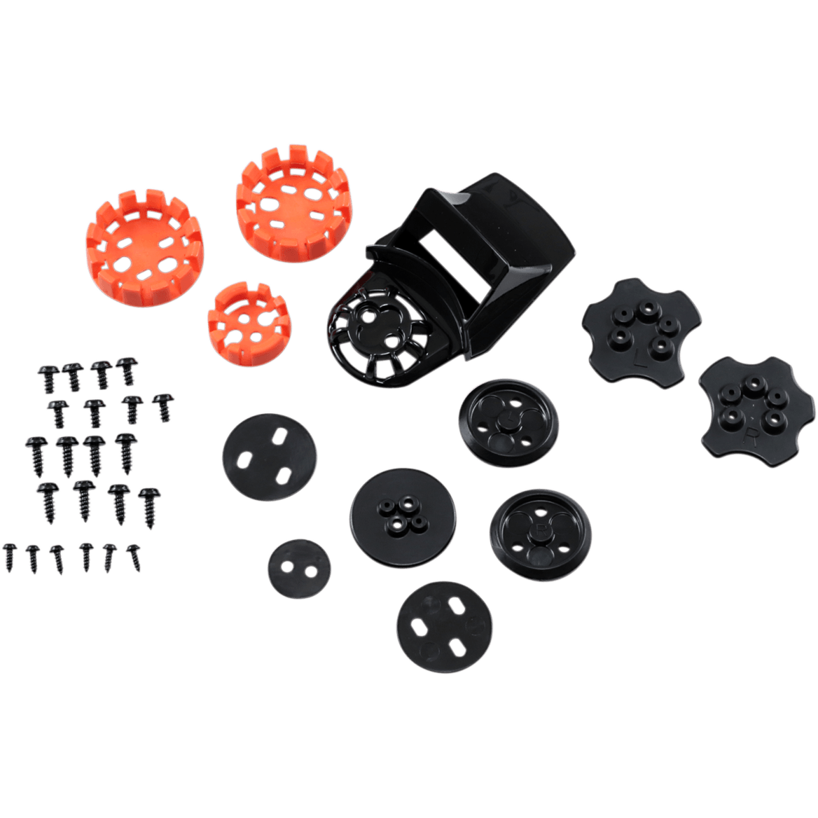 Alpinestars Supertech M10/M8 Helmet Visor Connector Set, Black and Orange, replacement parts kit featuring various black plastic mounts, orange circular connectors, and metal screws, designed for secure visor attachment on motocross helmets