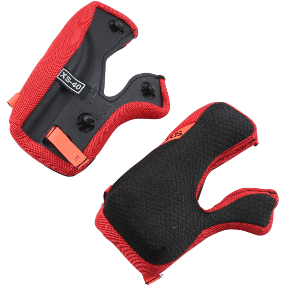 Coussinets de joues Alpinestars Supertech M10/M8 +5 mm, rembourrage de remplacement pour casque de moto, rouge et noir, dotés d'une surface intérieure texturée en nid d'abeille et d'une face arrière noire avec languettes de secours orange, marquage de taille XS-40