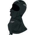 Alpinestars Winter Touring Balaclava, cagoule de moto noire avec logos blancs, dotée d'une jupe de cou imperméable étendue, de coutures plates et d'orifices de ventilation pour le nez, protection par temps froid sous le casque