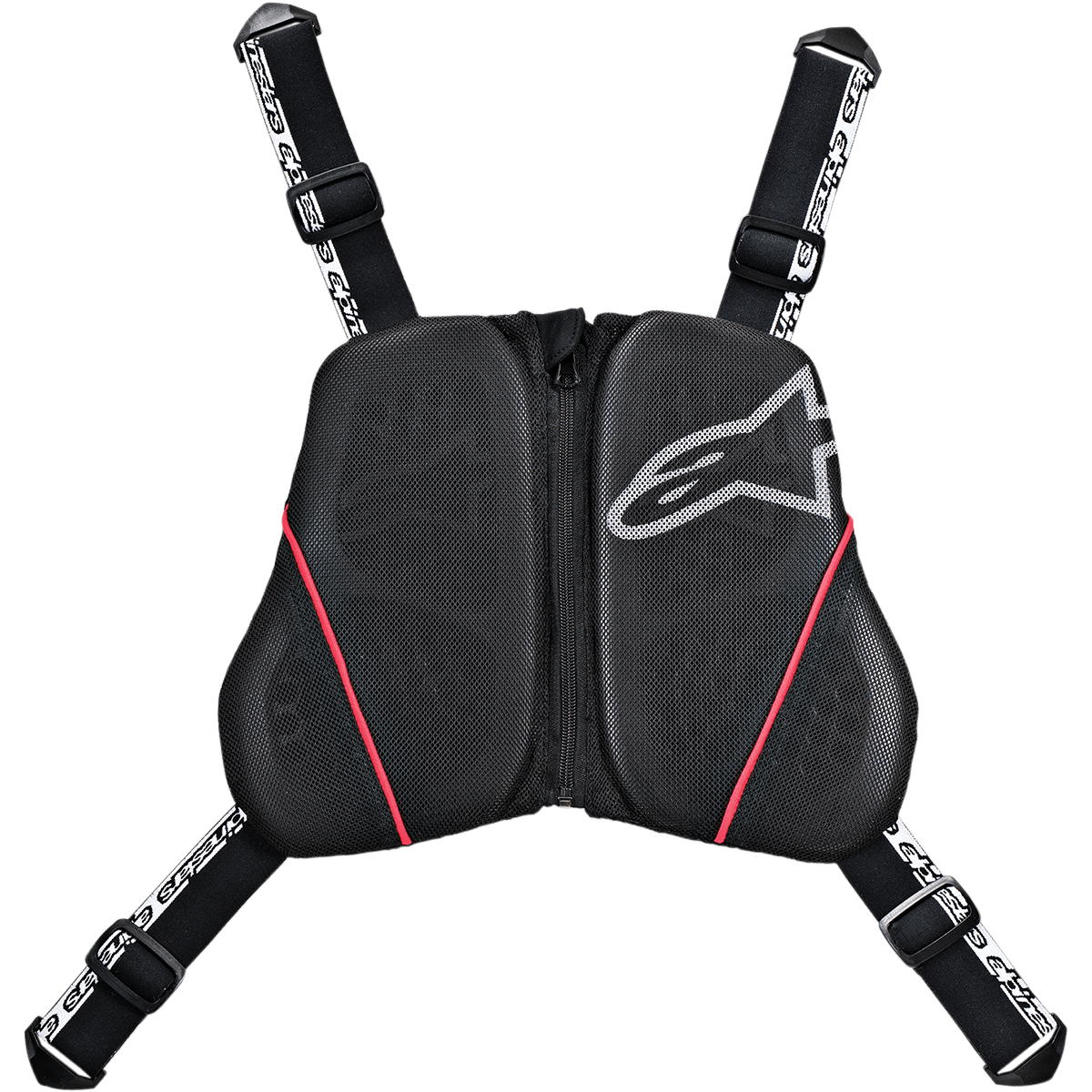 Alpinestars Nucleon KR-C Chest Harness, protection de poitrine pour moto, noir avec accents rouges et logo blanc, panneaux en mesh ventilés avec fermeture éclair centrale, sangles noires réglables avec logo blanc, équipement de protection haut de gamme pour la conduite sur route