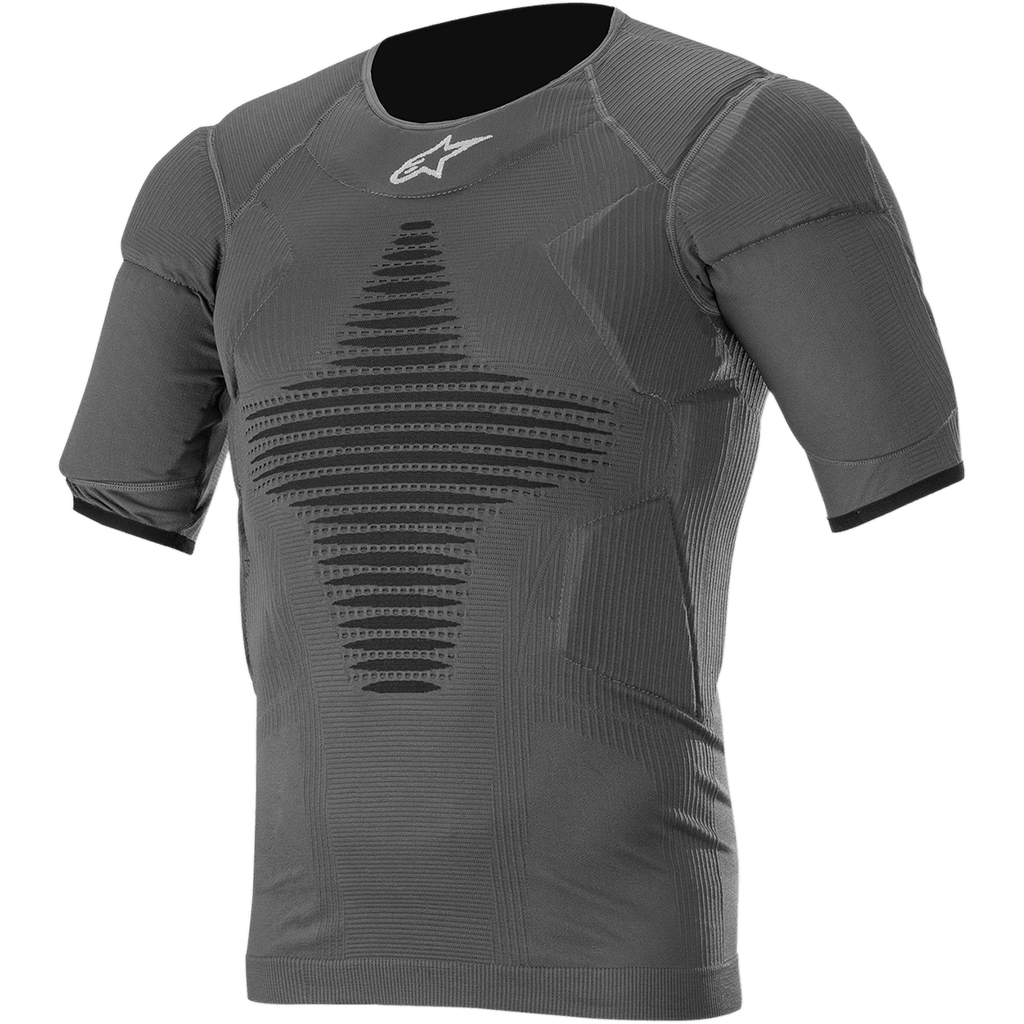 Alpinestars Roost Base Layer Top, haut technique à manches courtes noir anthracite, tissu côtelé texturé avec motif géométrique noir, coupe athlétique ajustée pour le motocross et le tout-terrain